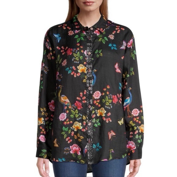Johnny Was Mixup Oversized Black Shirt Blouse Birds Embroidered (T2) - Picture 6 of 10
